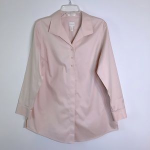 Chico’s, Women’s No Iron, Tunic,  button front blouse, size 2. EUC.